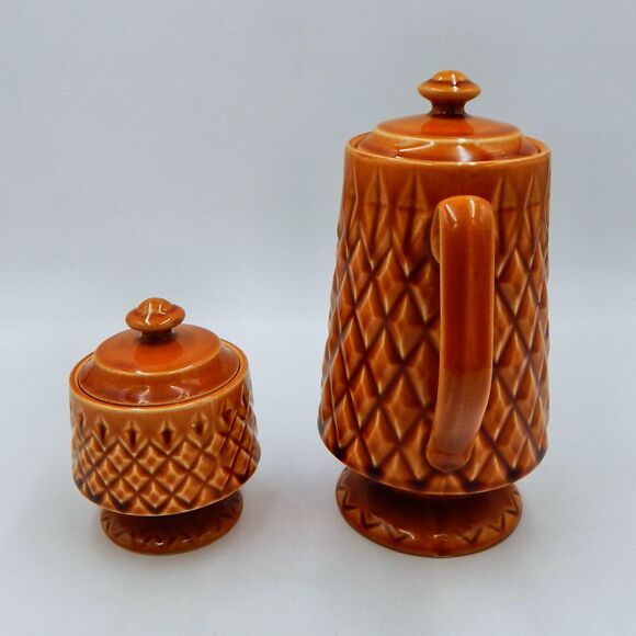 Brown Raised Diamond Pattern Footed Coffee Pot Sugar Bowl Japan Lidded Vintage - Picture 2 of 16